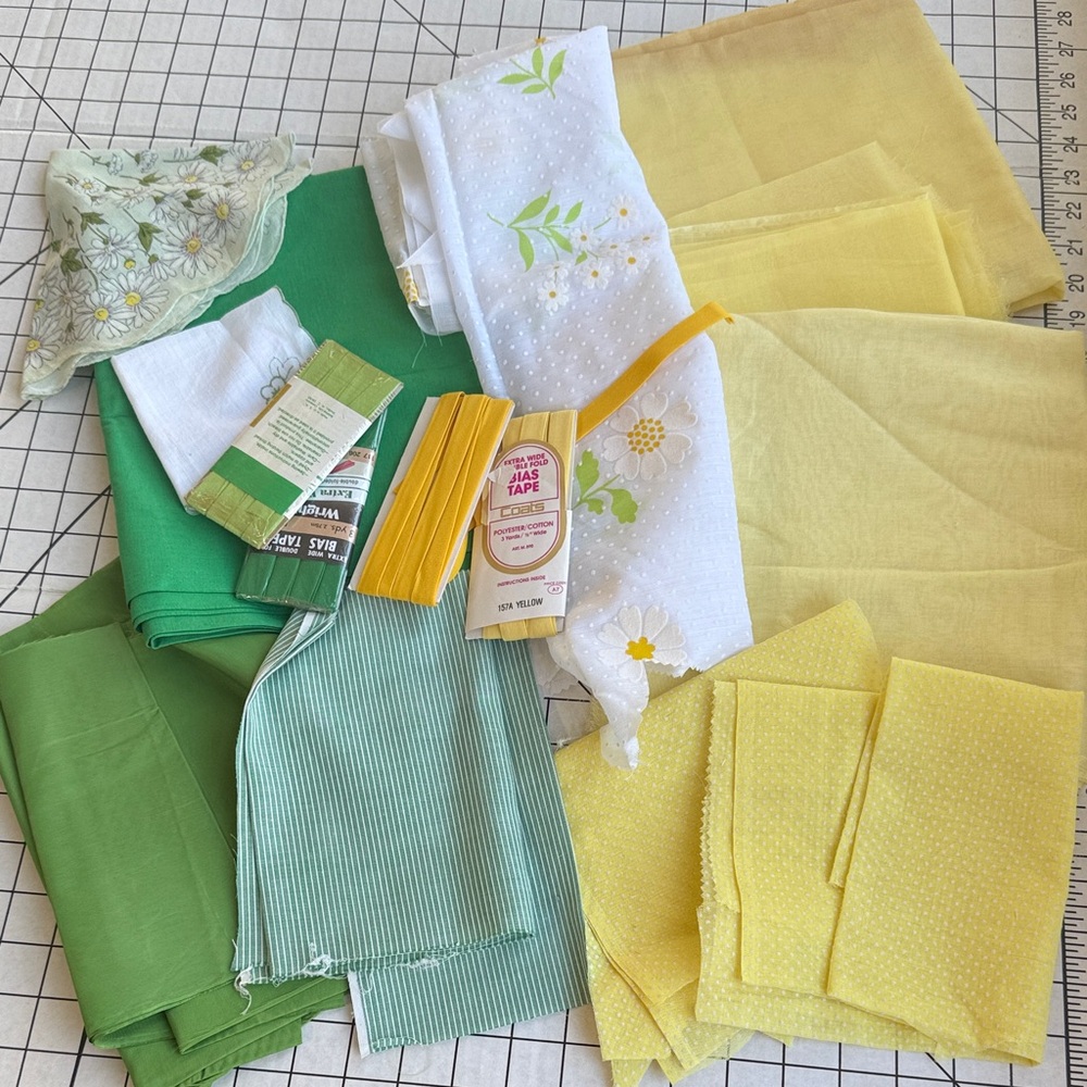 Vintage Fabric & Sewing Notions Lot – Greens & Yellows – Organdy, Cotton, Poly